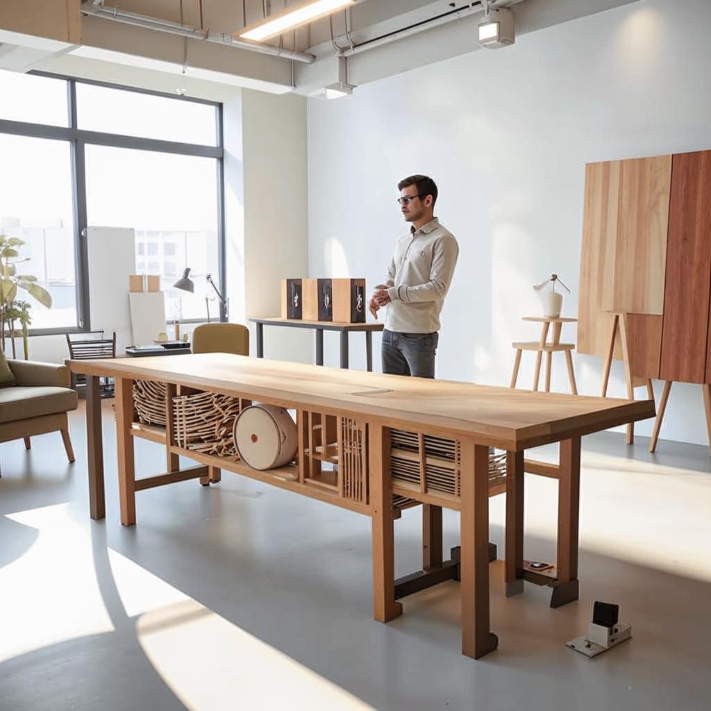Designer présentant un meuble en bois